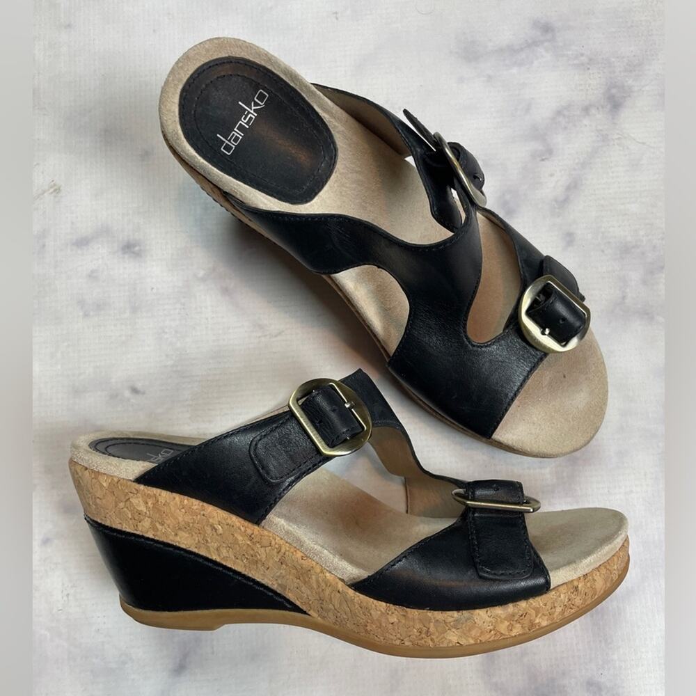 Dansko Carla Black Leather Double Strap Slide Sandals Comfort Wedge Sz 38 /7.5-8